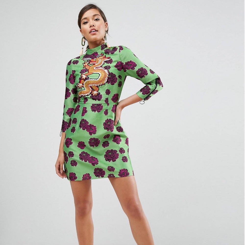 ASOS Embroidered Dragon Jacquard Shift Mini Dress - S